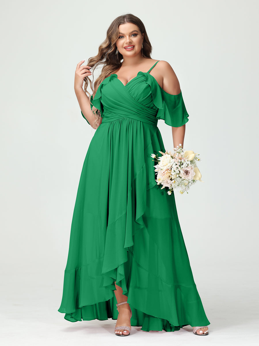 Plus Size Chiffon Bridesmaid Dress with Ruffles – A-Line, Princess Cut, Spaghetti Straps, V-Neck, Short Sleeves, Asymmetrical-BMbridal.UK