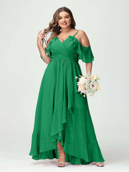 Plus Size Chiffon Bridesmaid Dress with Ruffles – A-Line, Princess Cut, Spaghetti Straps, V-Neck, Short Sleeves, Asymmetrical-BMbridal.UK