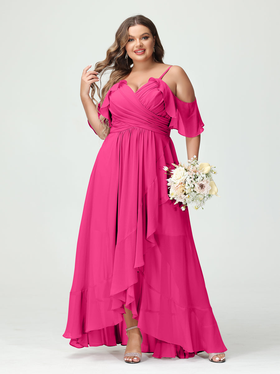 Plus Size Chiffon Bridesmaid Dress with Ruffles – A-Line, Princess Cut, Spaghetti Straps, V-Neck, Short Sleeves, Asymmetrical-BMbridal.UK