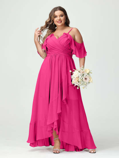 Plus Size Chiffon Bridesmaid Dress with Ruffles – A-Line, Princess Cut, Spaghetti Straps, V-Neck, Short Sleeves, Asymmetrical-BMbridal.UK