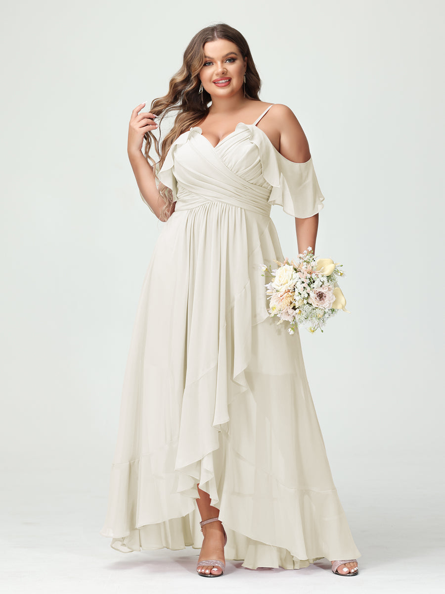 Plus Size Chiffon Bridesmaid Dress with Ruffles – A-Line, Princess Cut, Spaghetti Straps, V-Neck, Short Sleeves, Asymmetrical-BMbridal.UK
