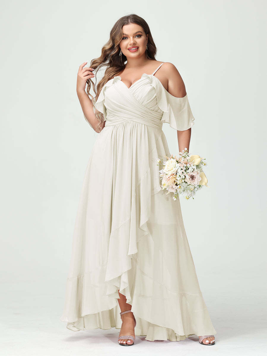Plus Size Chiffon Bridesmaid Dress with Ruffles – A-Line, Princess Cut, Spaghetti Straps, V-Neck, Short Sleeves, Asymmetrical-BMbridal.UK