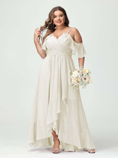 Plus Size Chiffon Bridesmaid Dress with Ruffles – A-Line, Princess Cut, Spaghetti Straps, V-Neck, Short Sleeves, Asymmetrical-BMbridal.UK