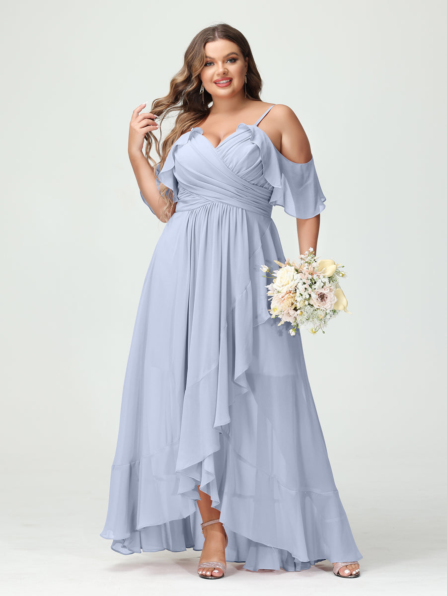 Plus Size Chiffon Bridesmaid Dress with Ruffles – A-Line, Princess Cut, Spaghetti Straps, V-Neck, Short Sleeves, Asymmetrical-BMbridal.UK