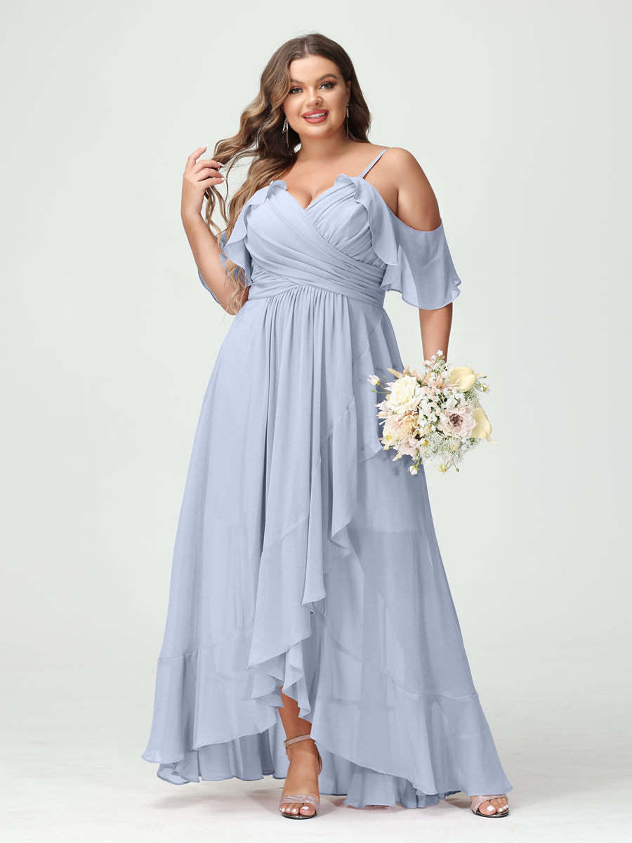 Plus Size Chiffon Bridesmaid Dress with Ruffles – A-Line, Princess Cut, Spaghetti Straps, V-Neck, Short Sleeves, Asymmetrical-BMbridal.UK