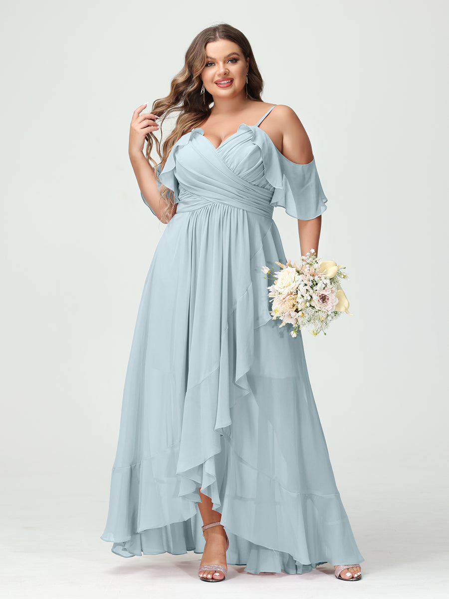 Plus Size Chiffon Bridesmaid Dress with Ruffles – A-Line, Princess Cut, Spaghetti Straps, V-Neck, Short Sleeves, Asymmetrical-BMbridal.UK