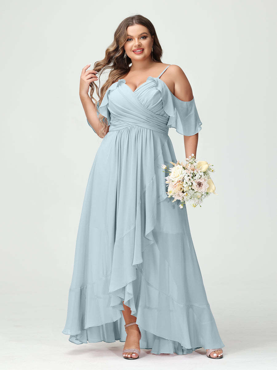 Plus Size Chiffon Bridesmaid Dress with Ruffles – A-Line, Princess Cut, Spaghetti Straps, V-Neck, Short Sleeves, Asymmetrical-BMbridal.UK