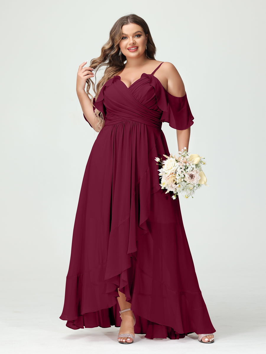 Plus Size Chiffon Bridesmaid Dress with Ruffles – A-Line, Princess Cut, Spaghetti Straps, V-Neck, Short Sleeves, Asymmetrical-BMbridal.UK
