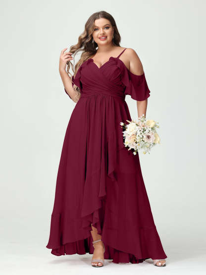 Plus Size Chiffon Bridesmaid Dress with Ruffles – A-Line, Princess Cut, Spaghetti Straps, V-Neck, Short Sleeves, Asymmetrical-BMbridal.UK