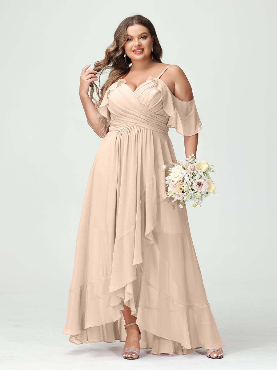 Plus Size Chiffon Bridesmaid Dress with Ruffles – A-Line, Princess Cut, Spaghetti Straps, V-Neck, Short Sleeves, Asymmetrical-BMbridal.UK