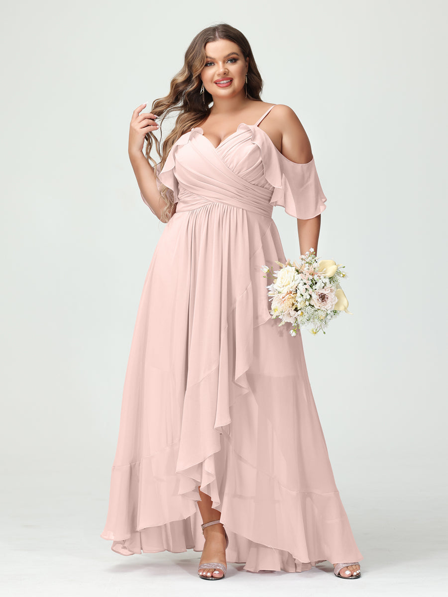 Plus Size Chiffon Bridesmaid Dress with Ruffles – A-Line, Princess Cut, Spaghetti Straps, V-Neck, Short Sleeves, Asymmetrical-BMbridal.UK