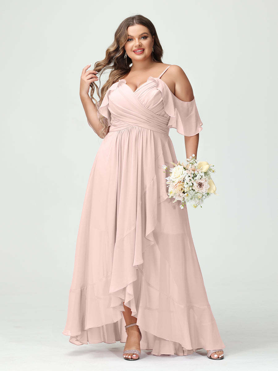 Plus Size Chiffon Bridesmaid Dress with Ruffles – A-Line, Princess Cut, Spaghetti Straps, V-Neck, Short Sleeves, Asymmetrical-BMbridal.UK