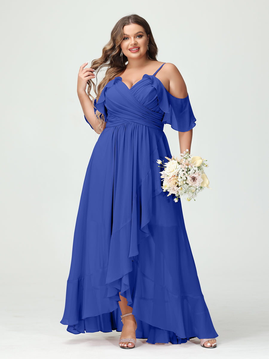 Plus Size Chiffon Bridesmaid Dress with Ruffles – A-Line, Princess Cut, Spaghetti Straps, V-Neck, Short Sleeves, Asymmetrical-BMbridal.UK