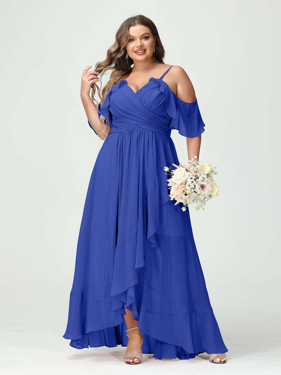 Plus Size Chiffon Bridesmaid Dress with Ruffles – A-Line, Princess Cut, Spaghetti Straps, V-Neck, Short Sleeves, Asymmetrical-BMbridal.UK