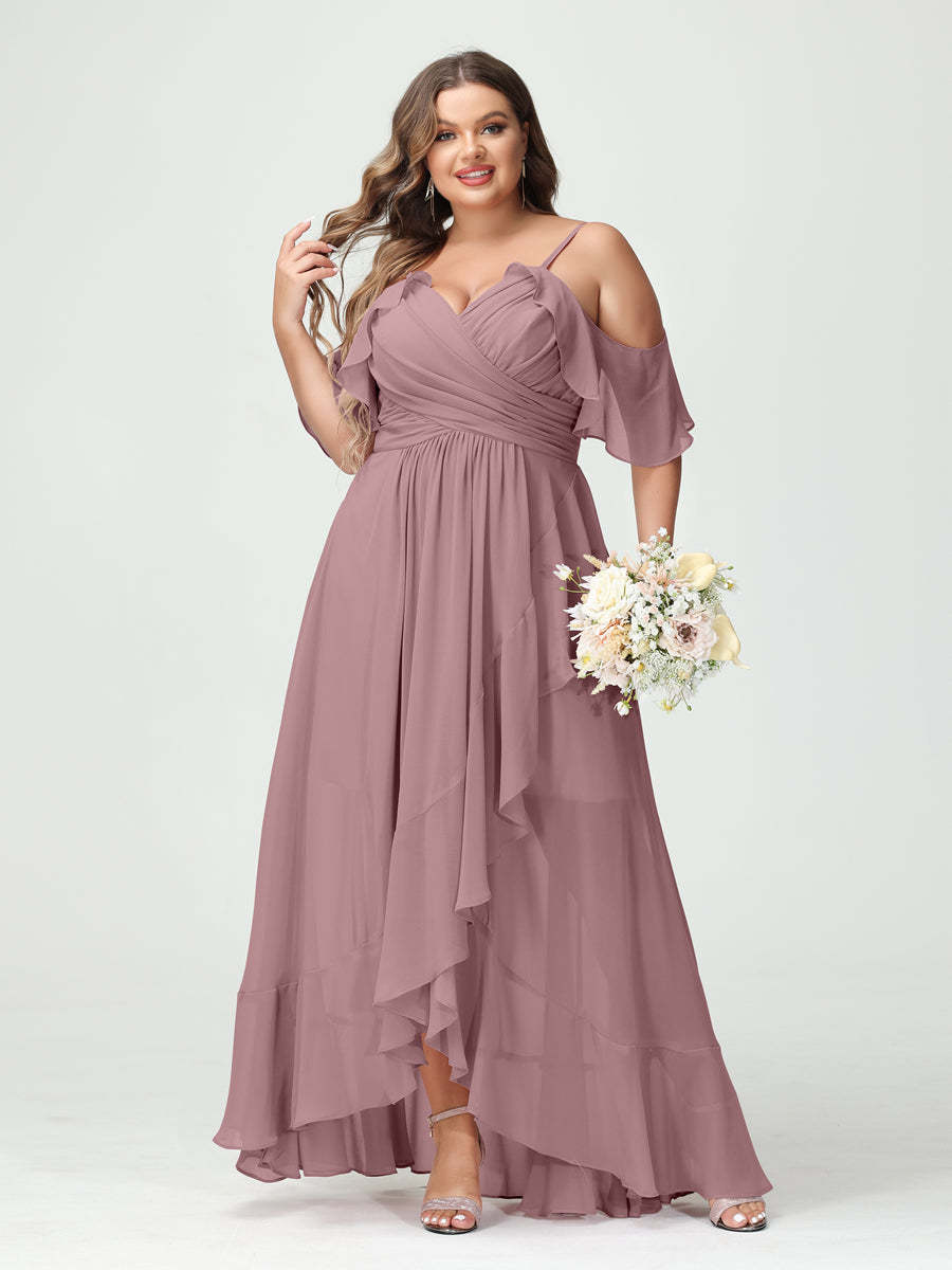 Plus Size Chiffon Bridesmaid Dress with Ruffles – A-Line, Princess Cut, Spaghetti Straps, V-Neck, Short Sleeves, Asymmetrical-BMbridal.UK