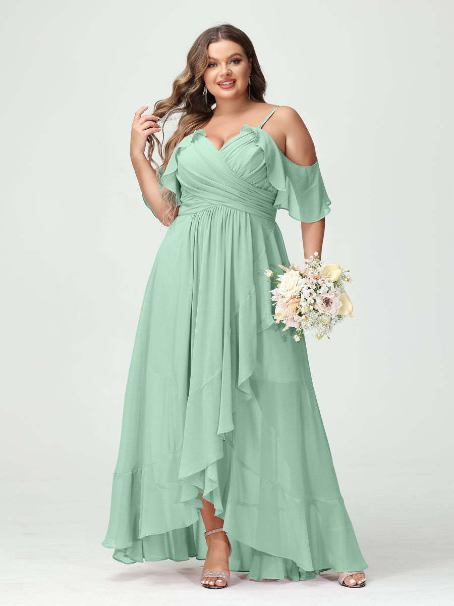 Plus Size Chiffon Bridesmaid Dress with Ruffles – A-Line, Princess Cut, Spaghetti Straps, V-Neck, Short Sleeves, Asymmetrical-BMbridal.UK