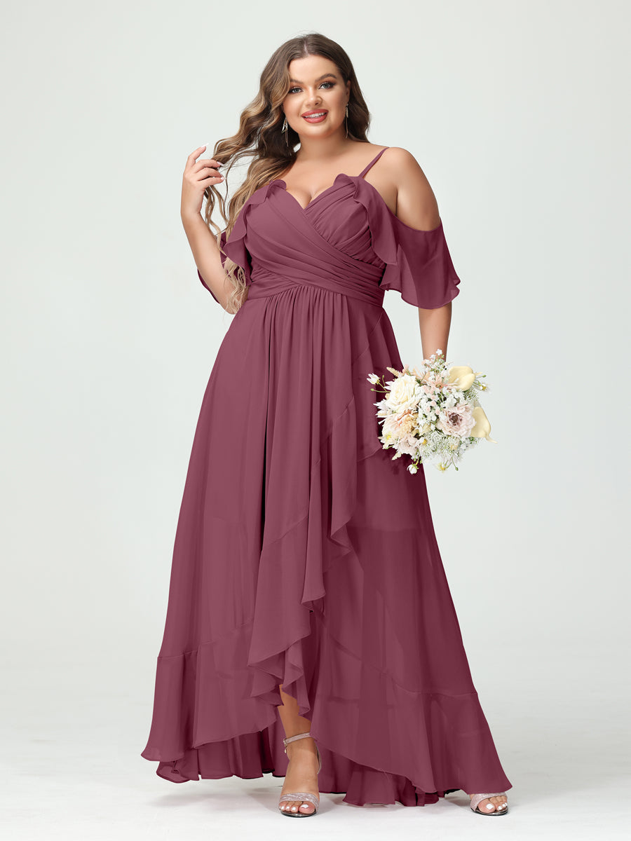 Plus Size Chiffon Bridesmaid Dress with Ruffles – A-Line, Princess Cut, Spaghetti Straps, V-Neck, Short Sleeves, Asymmetrical-BMbridal.UK