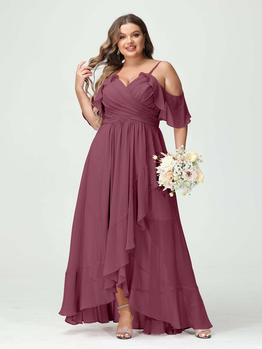 Plus Size Chiffon Bridesmaid Dress with Ruffles – A-Line, Princess Cut, Spaghetti Straps, V-Neck, Short Sleeves, Asymmetrical-BMbridal.UK
