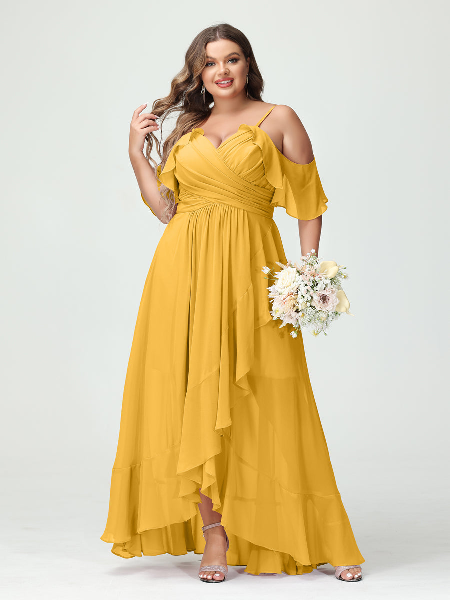 Plus Size Chiffon Bridesmaid Dress with Ruffles – A-Line, Princess Cut, Spaghetti Straps, V-Neck, Short Sleeves, Asymmetrical-BMbridal.UK