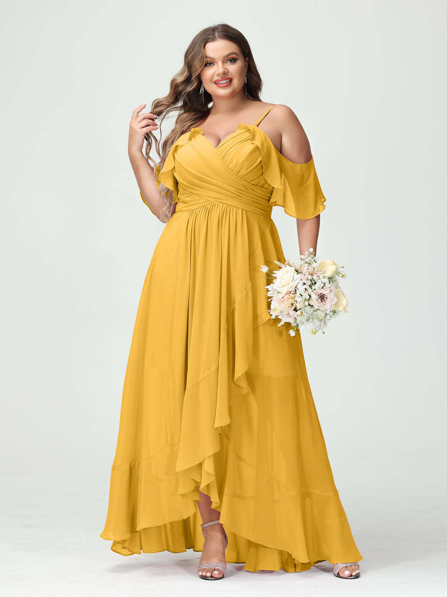 Plus Size Chiffon Bridesmaid Dress with Ruffles – A-Line, Princess Cut, Spaghetti Straps, V-Neck, Short Sleeves, Asymmetrical-BMbridal.UK