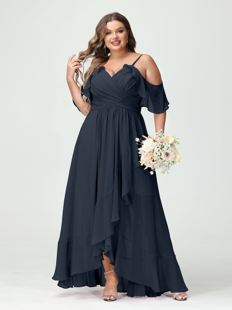 Plus Size Chiffon Bridesmaid Dress with Ruffles – A-Line, Princess Cut, Spaghetti Straps, V-Neck, Short Sleeves, Asymmetrical-BMbridal.UK
