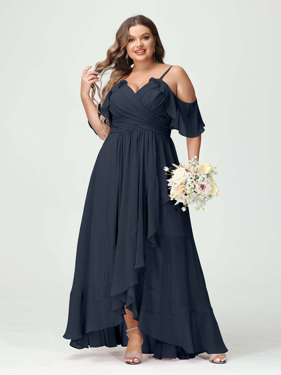 Plus Size Chiffon Bridesmaid Dress with Ruffles – A-Line, Princess Cut, Spaghetti Straps, V-Neck, Short Sleeves, Asymmetrical-BMbridal.UK
