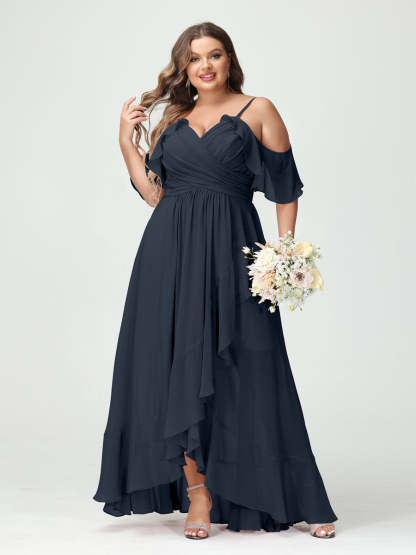 Plus Size Chiffon Bridesmaid Dress with Ruffles – A-Line, Princess Cut, Spaghetti Straps, V-Neck, Short Sleeves, Asymmetrical-BMbridal.UK