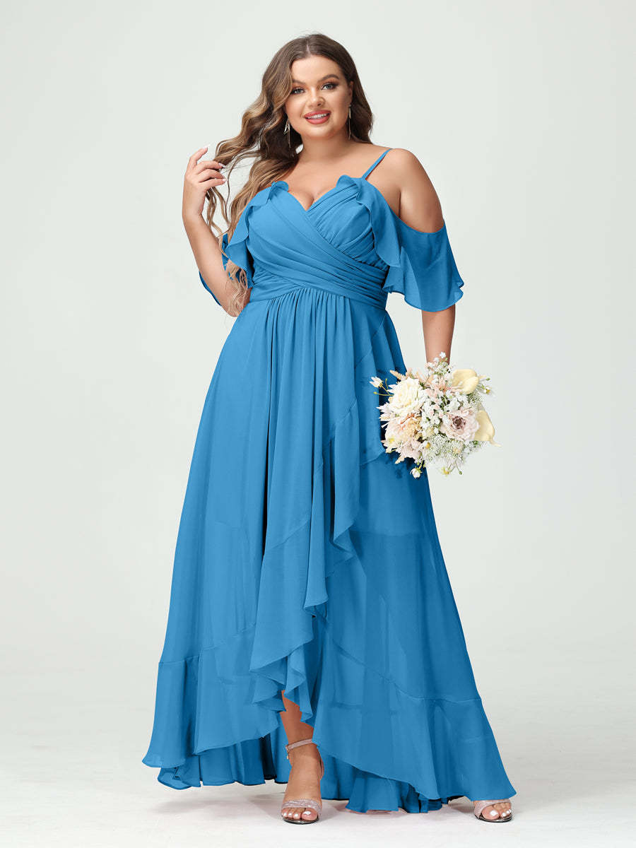 Plus Size Chiffon Bridesmaid Dress with Ruffles – A-Line, Princess Cut, Spaghetti Straps, V-Neck, Short Sleeves, Asymmetrical-BMbridal.UK