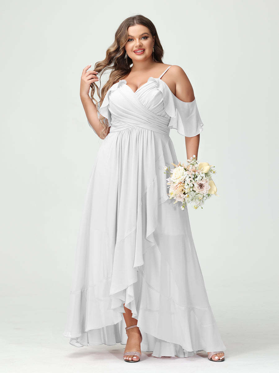 Plus Size Chiffon Bridesmaid Dress with Ruffles – A-Line, Princess Cut, Spaghetti Straps, V-Neck, Short Sleeves, Asymmetrical-BMbridal.UK