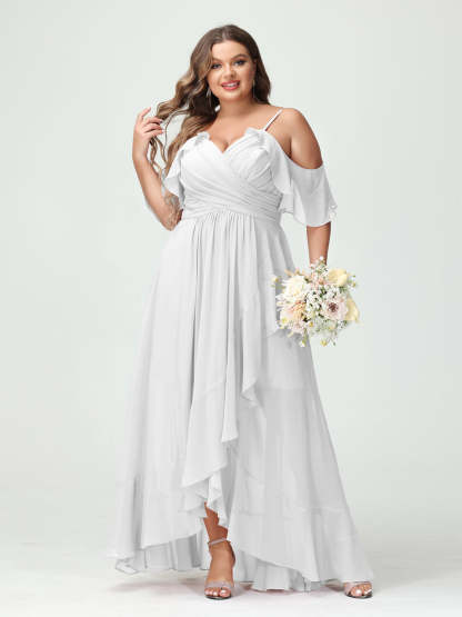 Plus Size Chiffon Bridesmaid Dress with Ruffles – A-Line, Princess Cut, Spaghetti Straps, V-Neck, Short Sleeves, Asymmetrical-BMbridal.UK