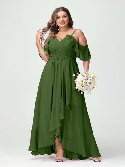 Plus Size Chiffon Bridesmaid Dress with Ruffles – A-Line, Princess Cut, Spaghetti Straps, V-Neck, Short Sleeves, Asymmetrical-BMbridal.UK