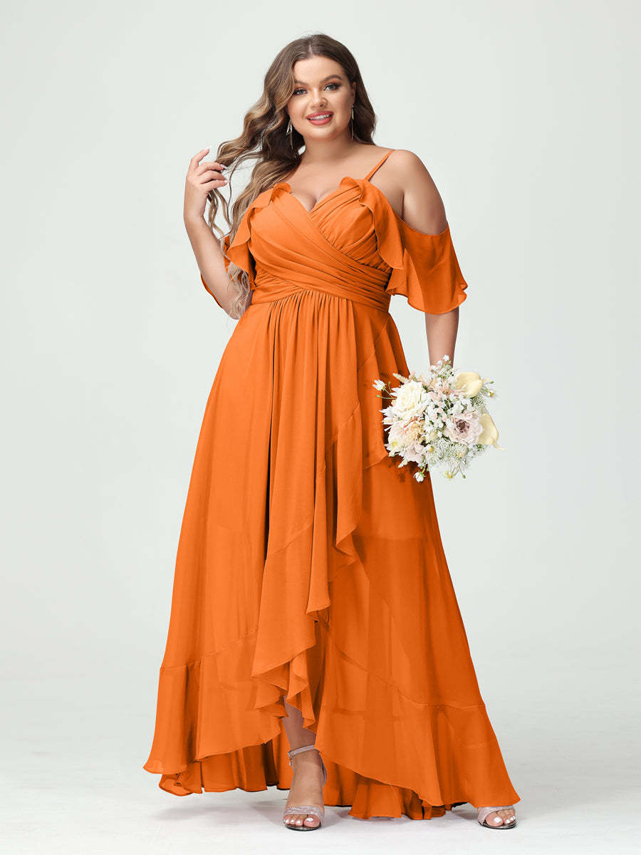 Plus Size Chiffon Bridesmaid Dress with Ruffles – A-Line, Princess Cut, Spaghetti Straps, V-Neck, Short Sleeves, Asymmetrical-BMbridal.UK
