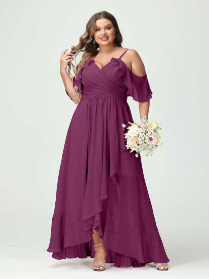 Plus Size Chiffon Bridesmaid Dress with Ruffles – A-Line, Princess Cut, Spaghetti Straps, V-Neck, Short Sleeves, Asymmetrical-BMbridal.UK