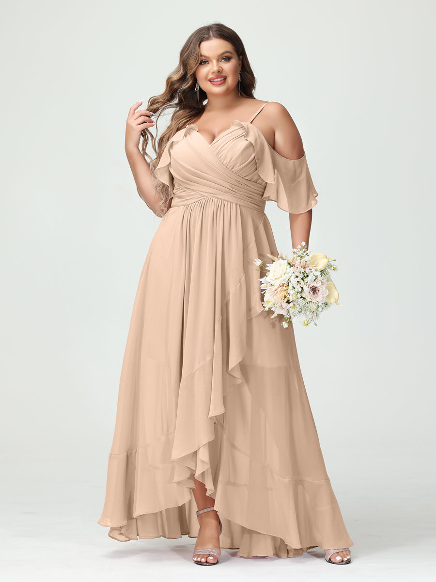 Plus Size Chiffon Bridesmaid Dress with Ruffles – A-Line, Princess Cut, Spaghetti Straps, V-Neck, Short Sleeves, Asymmetrical-BMbridal.UK