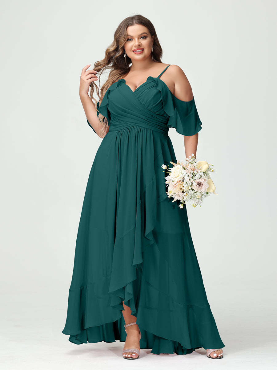 Plus Size Chiffon Bridesmaid Dress with Ruffles – A-Line, Princess Cut, Spaghetti Straps, V-Neck, Short Sleeves, Asymmetrical-BMbridal.UK