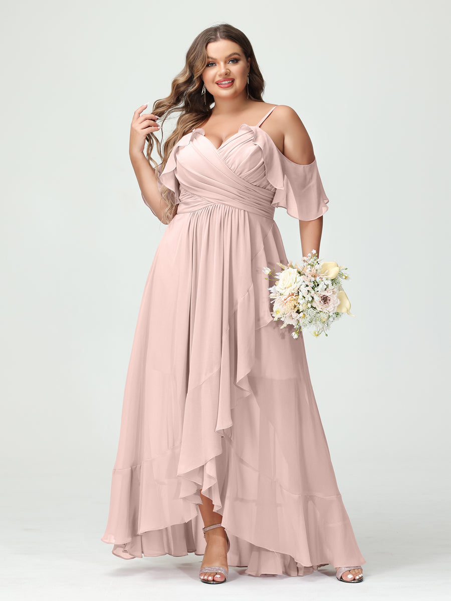 Plus Size Chiffon Bridesmaid Dress with Ruffles – A-Line, Princess Cut, Spaghetti Straps, V-Neck, Short Sleeves, Asymmetrical-BMbridal.UK