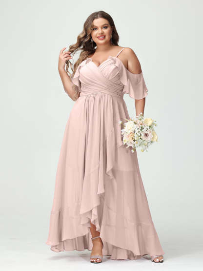 Plus Size Chiffon Bridesmaid Dress with Ruffles – A-Line, Princess Cut, Spaghetti Straps, V-Neck, Short Sleeves, Asymmetrical-BMbridal.UK