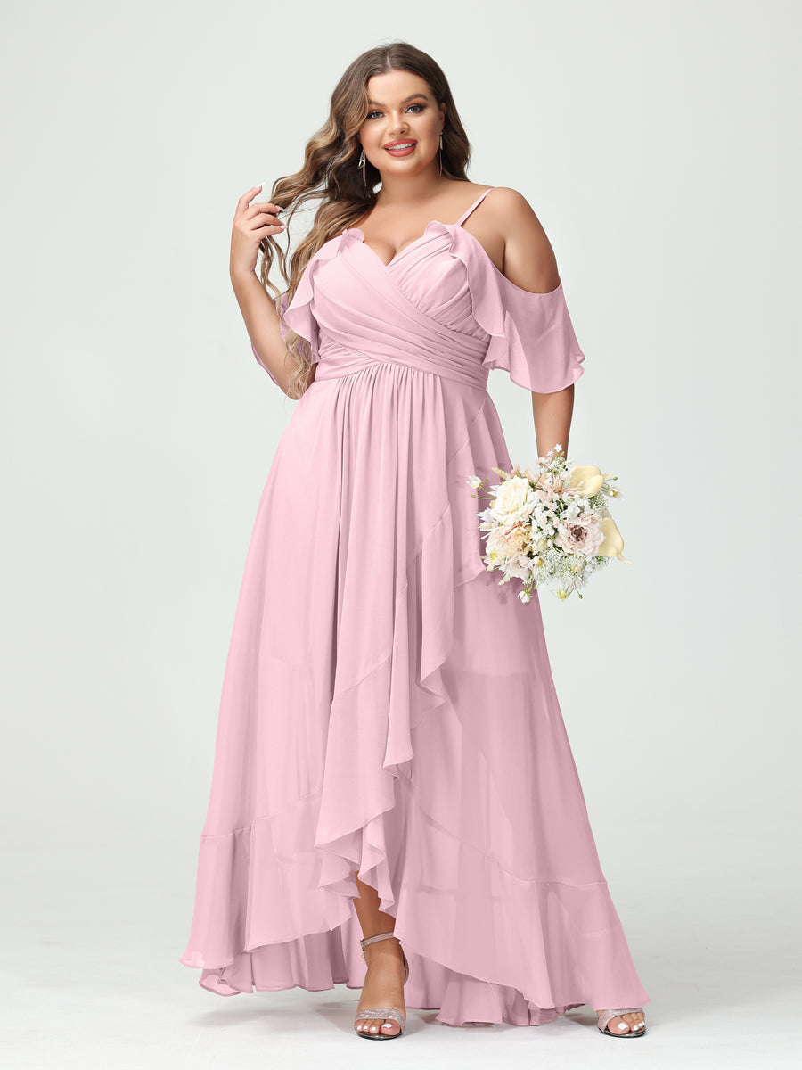 Plus Size Chiffon Bridesmaid Dress with Ruffles – A-Line, Princess Cut, Spaghetti Straps, V-Neck, Short Sleeves, Asymmetrical-BMbridal.UK