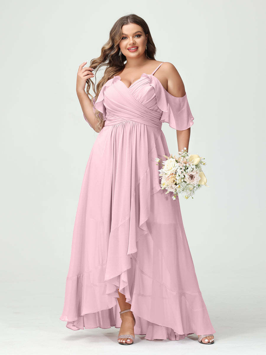 Plus Size Chiffon Bridesmaid Dress with Ruffles – A-Line, Princess Cut, Spaghetti Straps, V-Neck, Short Sleeves, Asymmetrical-BMbridal.UK
