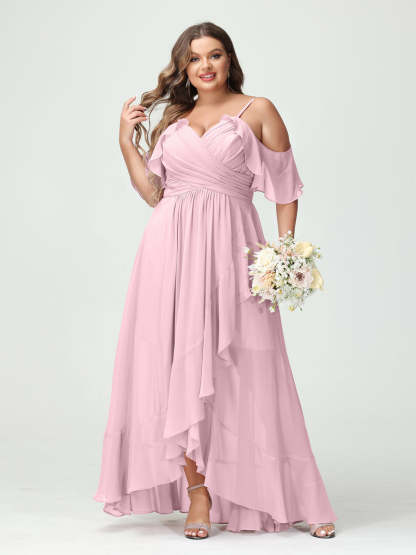 Plus Size Chiffon Bridesmaid Dress with Ruffles – A-Line, Princess Cut, Spaghetti Straps, V-Neck, Short Sleeves, Asymmetrical-BMbridal.UK