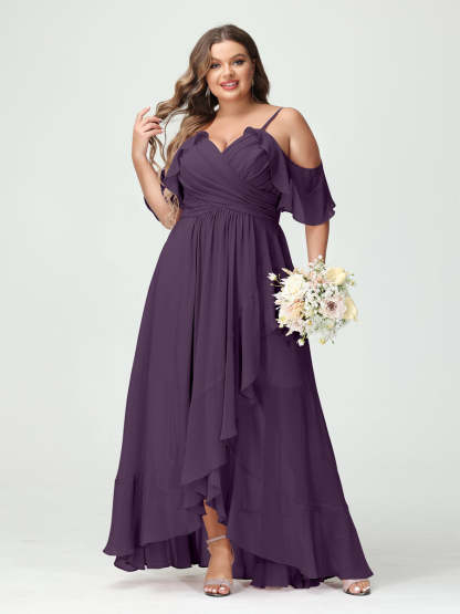 Plus Size Chiffon Bridesmaid Dress with Ruffles – A-Line, Princess Cut, Spaghetti Straps, V-Neck, Short Sleeves, Asymmetrical-BMbridal.UK