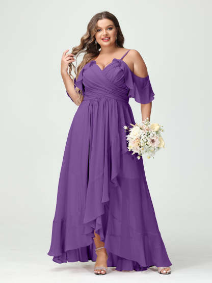 Plus Size Chiffon Bridesmaid Dress with Ruffles – A-Line, Princess Cut, Spaghetti Straps, V-Neck, Short Sleeves, Asymmetrical-BMbridal.UK