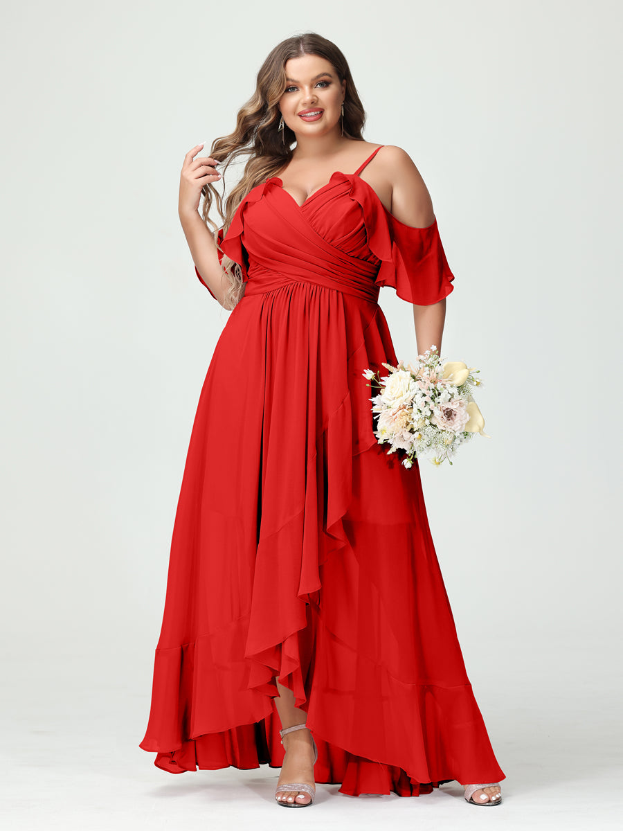 Plus Size Chiffon Bridesmaid Dress with Ruffles – A-Line, Princess Cut, Spaghetti Straps, V-Neck, Short Sleeves, Asymmetrical-BMbridal.UK