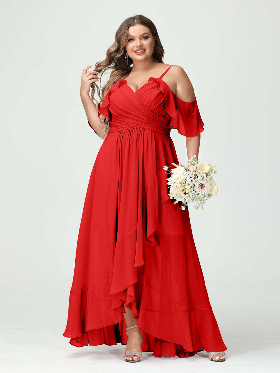 Plus Size Chiffon Bridesmaid Dress with Ruffles – A-Line, Princess Cut, Spaghetti Straps, V-Neck, Short Sleeves, Asymmetrical-BMbridal.UK