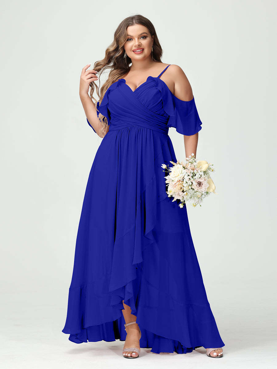 Plus Size Chiffon Bridesmaid Dress with Ruffles – A-Line, Princess Cut, Spaghetti Straps, V-Neck, Short Sleeves, Asymmetrical-BMbridal.UK