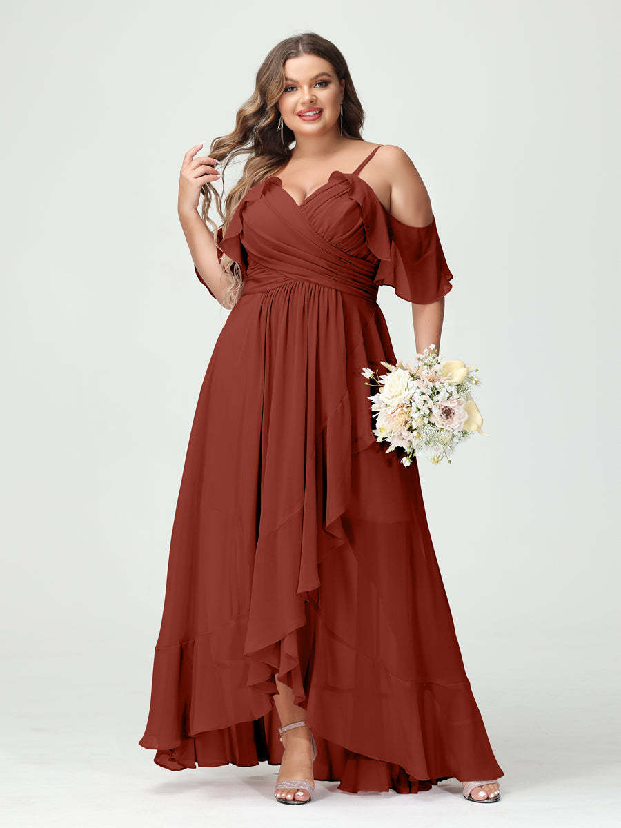 Plus Size Chiffon Bridesmaid Dress with Ruffles – A-Line, Princess Cut, Spaghetti Straps, V-Neck, Short Sleeves, Asymmetrical-BMbridal.UK