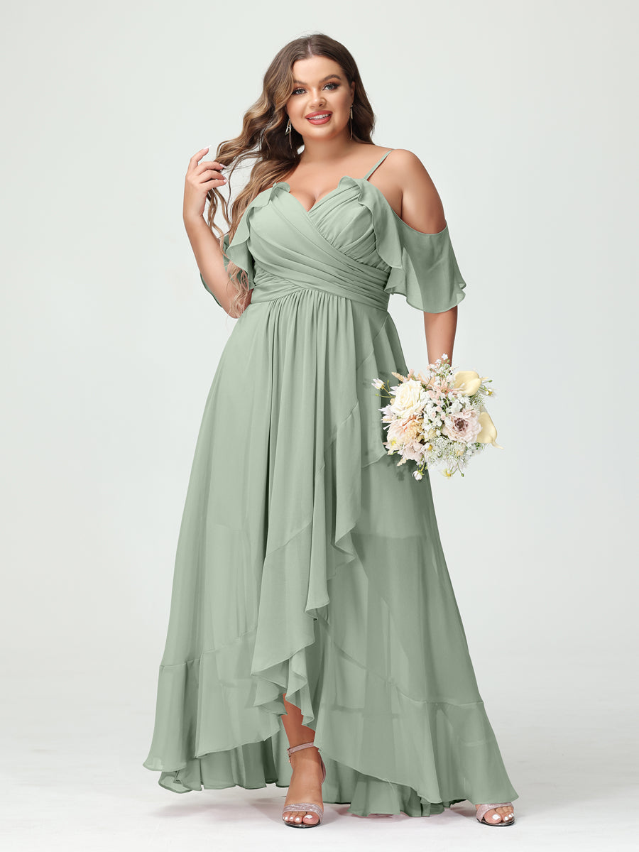 Plus Size Chiffon Bridesmaid Dress with Ruffles – A-Line, Princess Cut, Spaghetti Straps, V-Neck, Short Sleeves, Asymmetrical-BMbridal.UK