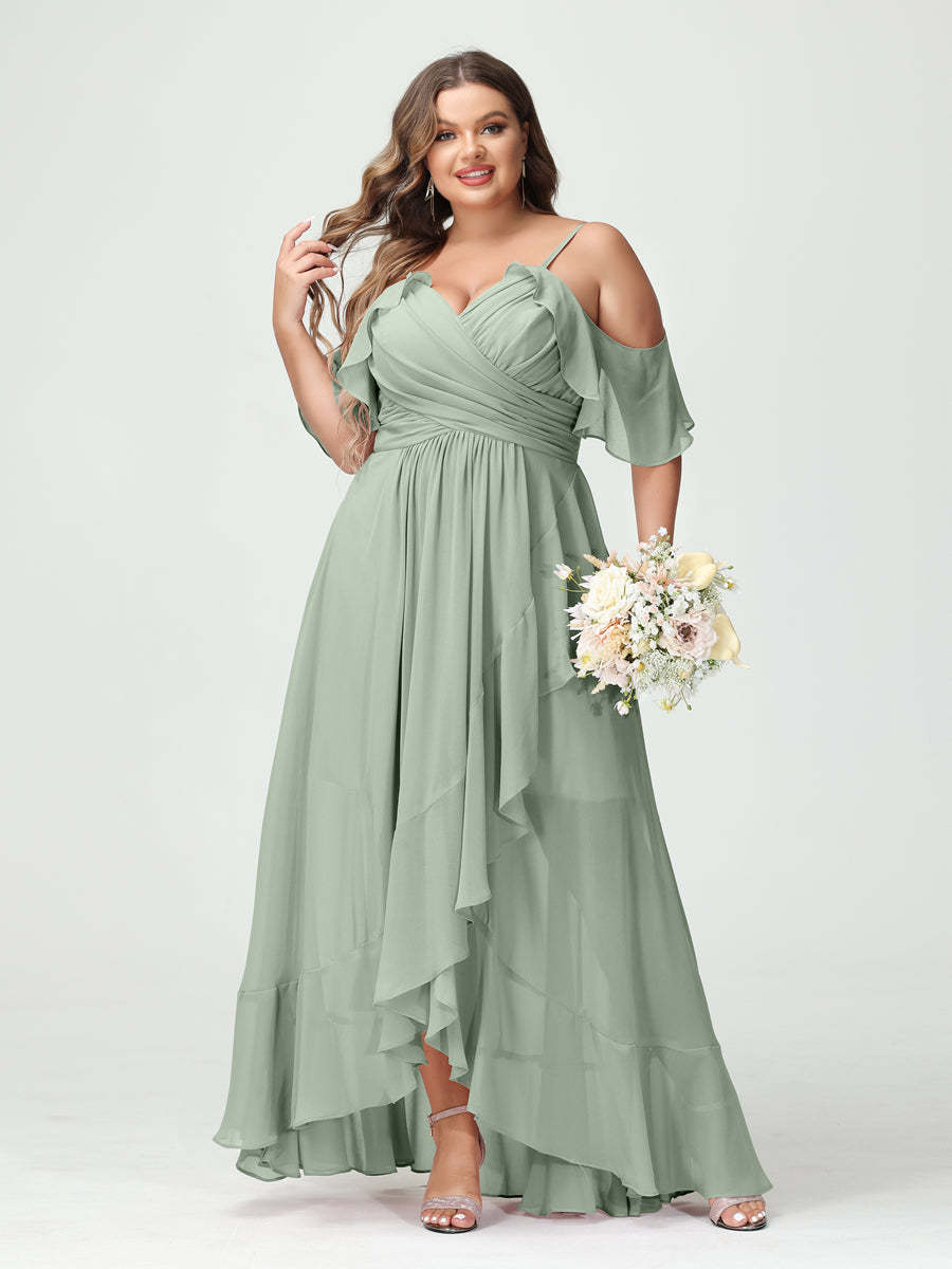 Plus Size Chiffon Bridesmaid Dress with Ruffles – A-Line, Princess Cut, Spaghetti Straps, V-Neck, Short Sleeves, Asymmetrical-BMbridal.UK