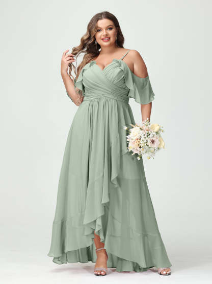 Plus Size Chiffon Bridesmaid Dress with Ruffles – A-Line, Princess Cut, Spaghetti Straps, V-Neck, Short Sleeves, Asymmetrical-BMbridal.UK