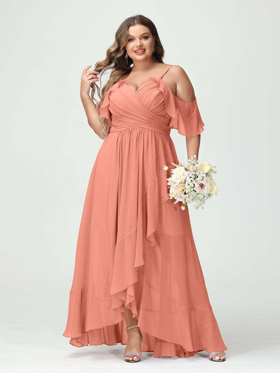 Plus Size Chiffon Bridesmaid Dress with Ruffles – A-Line, Princess Cut, Spaghetti Straps, V-Neck, Short Sleeves, Asymmetrical-BMbridal.UK